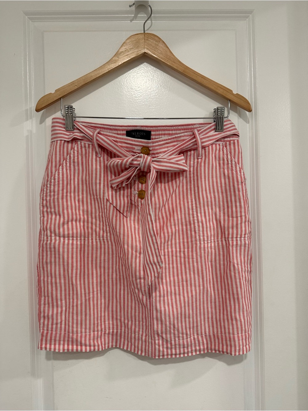 Talbots Pink and White Striped Tie-Waist Mini Skirt Linen Cotton Blend